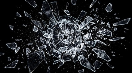 A dramatic close up of shattered glass fragments exploding outward against a deep black background creating a sharp and dangerous abstract texture for modern design