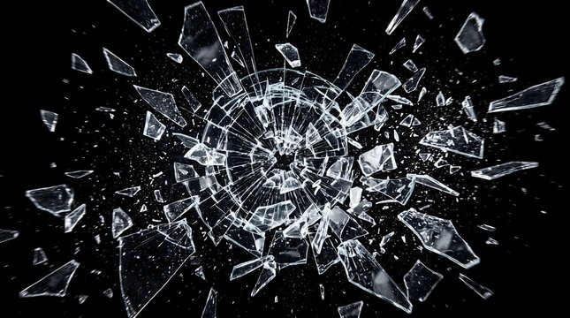 A dramatic close up of shattered glass fragments exploding outward against a deep black background creating a sharp and dangerous abstract texture for modern design
