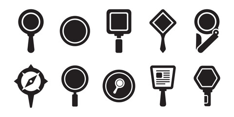 Research and investigation icon set. Various magnifying tools compass navigation signs and handheld mirror shapes. Professional collection for discovery inspection and finding items. © Akbar-Visuals
