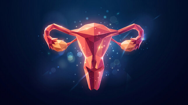 Digital 3D low poly illustration of human uterus on dark blue background with shining lens flare effects, reproductive medicine