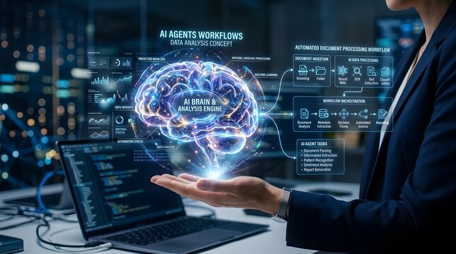 AI brain hologram for automated document processing. Digital neural network data analysis.