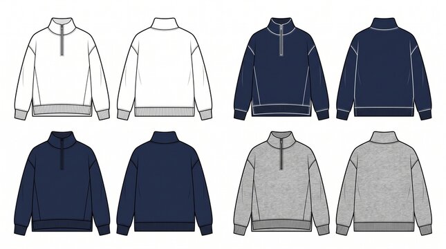 Half-Zip Sweatshirt Technical Flat Sketch Template for Fashion Design