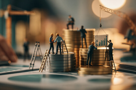 Miniature business people build a financial structure using stacks of golden coins as platforms reflecting strategic growth economic planning and collaborative corporate project management
