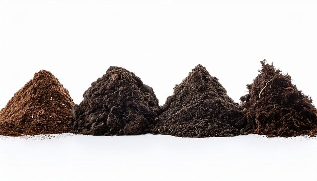 Four Distinct Piles Of Dark Soil And Compost Arranged In Row Against Clean Isolated On A White Or Transparent Background