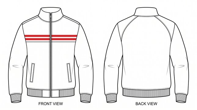 Men's Zip-up Track Jacket Flat Sketch Vector Template with Front and Back Views