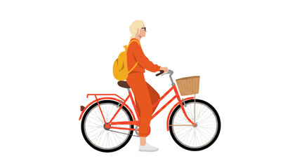 Fototapeta premium Woman riding red bicycle with basket vector illustration