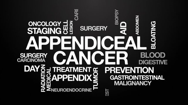 Appendiceal cancer concept Animated Tag Word Cloud kinetic typography, Text Design Animation typography seamless loop video motion graphics Intro Wordart arrangement white type on black background bg 
