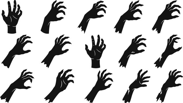 Creepy zombie hands and monster claws silhouettes collection vector set for Halloween