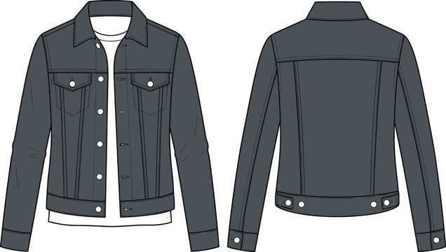 Blank black denim jacket vector mockup template displaying front and back views for custom apparel fashion technical sketch designs.