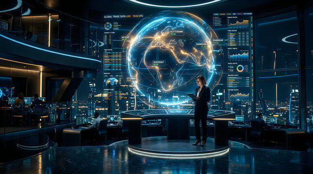 Businesswoman in a futuristic command center. Global logistics manager monitoring data.