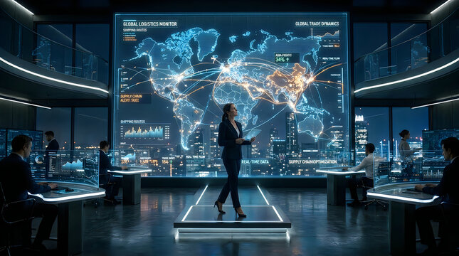 Global logistics command center with data map. Businesswoman managing supply chain network.