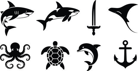 Collection of sea animal and maritime silhouettes featuring shark octopus turtle and anchor killer whale silhouette nautical collection isolated creature underwater illustration pictogram © MstAsmaAkter