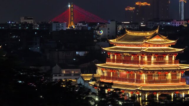 Aerial View of Guangji Gate Tower at Night , The gate leads into Chaozhou ancient city, Chaozhou City. Guangdong Province, China.