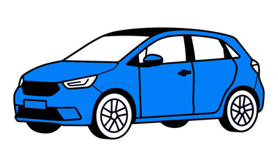 Fototapeta premium Minimalist graphic of a compact electric hatchback car in three-quarter view with bold black outlines and solid colors. Modern urban mobility concept
