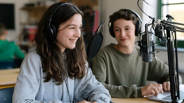 Two young students smiling while recording a podcast using microphones and headphones at a desk