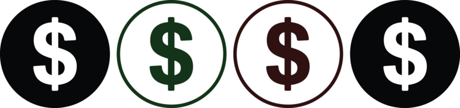 Four dollar signs in black and colored circles