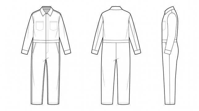 Men's and Women's Long Sleeve Utility Jumpsuit Boilersuit Technical Fashion Flat Sketch Coverall Vector Illustration