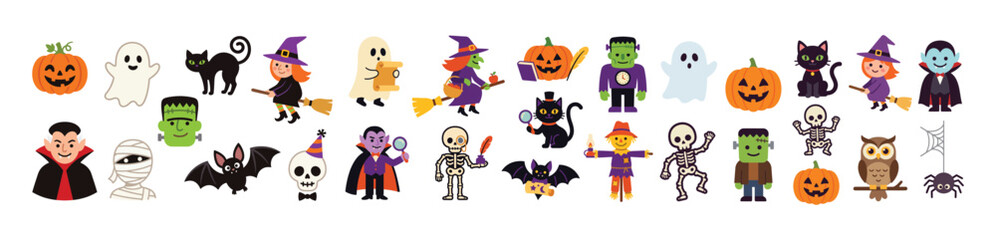 Set of cute halloween character illustrations including witches ghosts pumpkins bats and monsters on white background and color black with halloween, characters white background and color black © Star_Pixels11