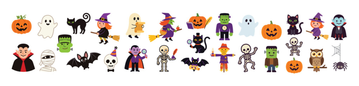 Set of cute halloween character illustrations including witches ghosts pumpkins bats and monsters on white background and color black with halloween, characters white background and color black