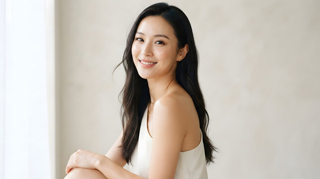Smiling elegant Asian woman with long dark hair wearing a white top in a soft minimalist indoor setting