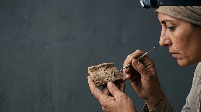 Archaeologist carefully cleans ancient cuneiform tablet with dental tool