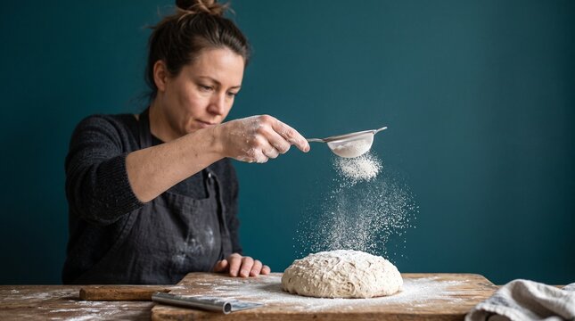 Baker sifting flour onto bread dough with a sieve on a wooden table