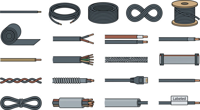 Electrical Cable and Wire Set Featuring Coiled Spools Stripped Copper Conductors Braided Shielding and Ribbon Connectors for Wiring Concepts Vector Illustration
