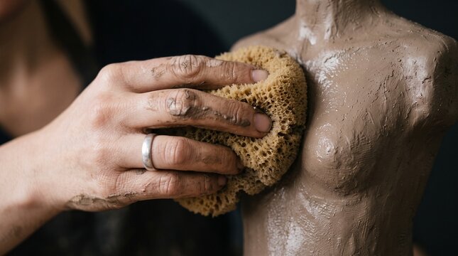Artist hands sculpting clay figure with sponge close up