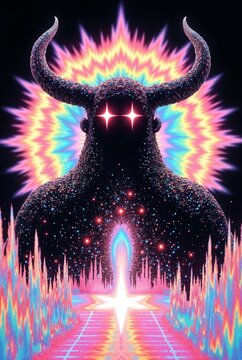 Psychedelic Cosmic Overlord, Glowing Horned Entity with Rainbow Energy and Neon Aura