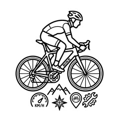 Obraz premium Cyclist traveling across mountainous terrain depicted with speed and gear maintenance symbols to show adventure preparation for long distance road touring events and outdoor fitness exercise