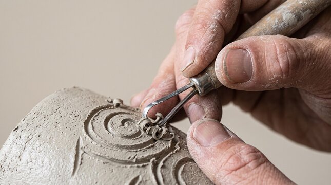 Close up of hands sculpting clay with a tool creating spiral patterns