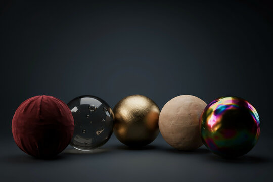 Row of five glossy decorative spheres on dark studio background, red yarn ball and metallic chrome and gold textures, modern 3D still life for design mockups