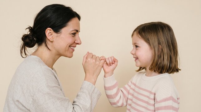Mother and daughter making a pinky promise gesture of trust and friendship