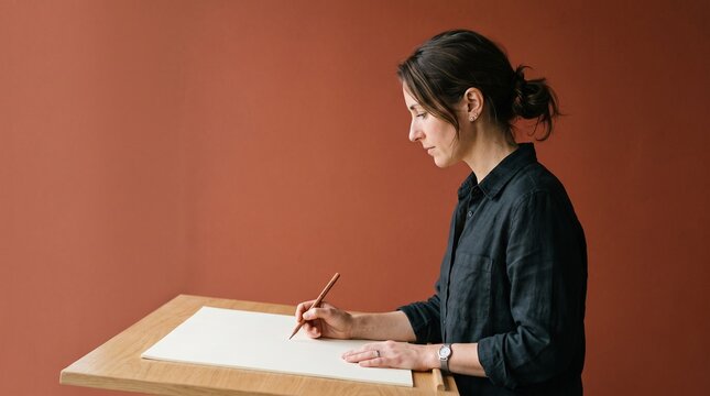 Artist drawing on paper with pencil at wooden desk