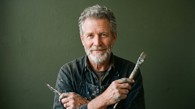 Mature Artist with Paint Brushes and Paint Splatters on Apron