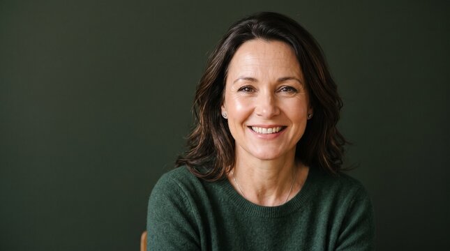 Smiling middle aged woman with brown hair and green sweater against dark background