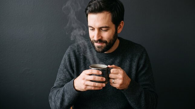 Man holding a steaming mug of coffee or tea indoors