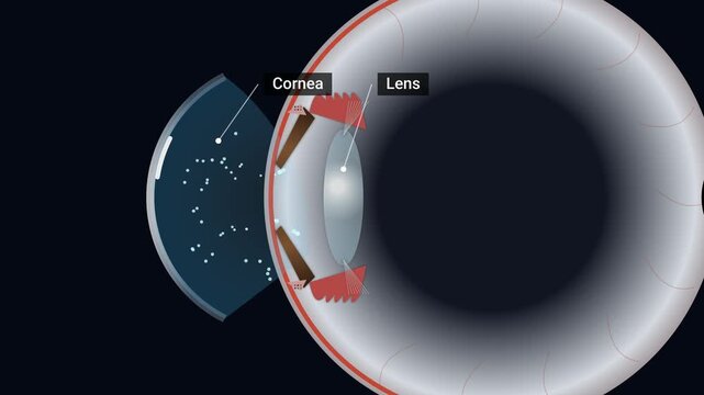 Detailed medical animation illustrating the mechanism of glaucoma with aqueous humor flow blockage, elevated intraocular pressure, and subsequent optic nerve fiber degeneration