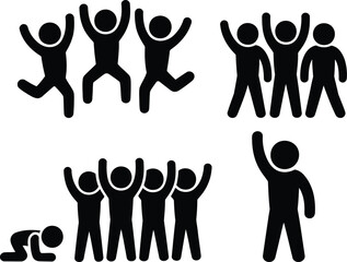 Group of people celebrating and jumping with one sitting tired
