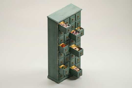 Vintage green metal card catalog cabinet with open drawers and labeled index tabs, retro library storage furniture on neutral background