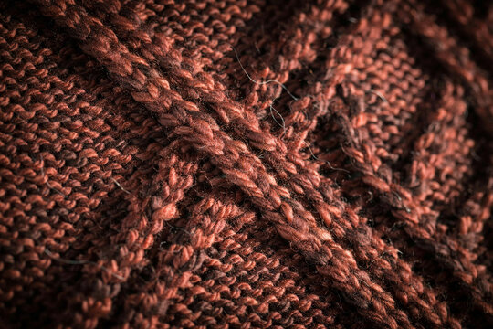Extreme close-up of brown cable knit fabric texture, warm wool sweater pattern with soft shadows for cozy winter fashion background