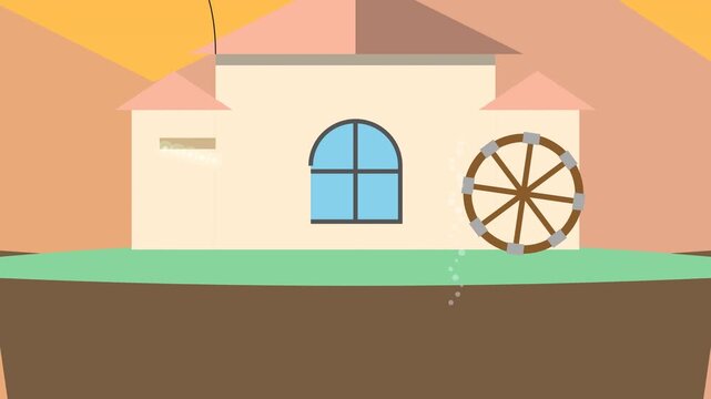 2D animation of a house with a water wheel and a flying balloon transitioning from day to night