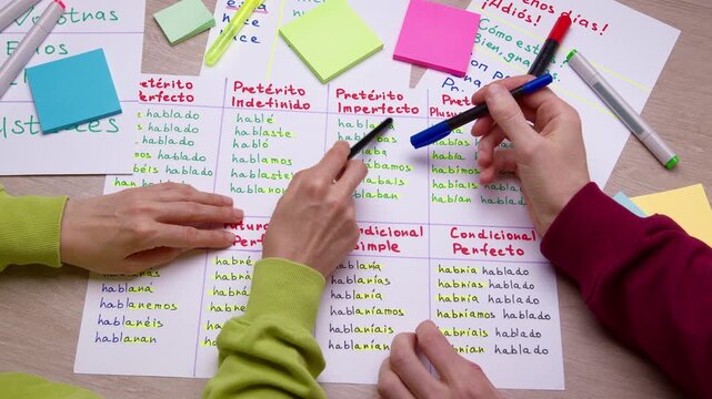 Top view of student and teacher hands pointing at Spanish verb conjugation grammar chart on desk. Educational learning process with marker pens, notes, and study materials.