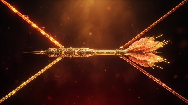 Ornate golden arrow with feathers crossed by glowing ropes on a dark fiery background