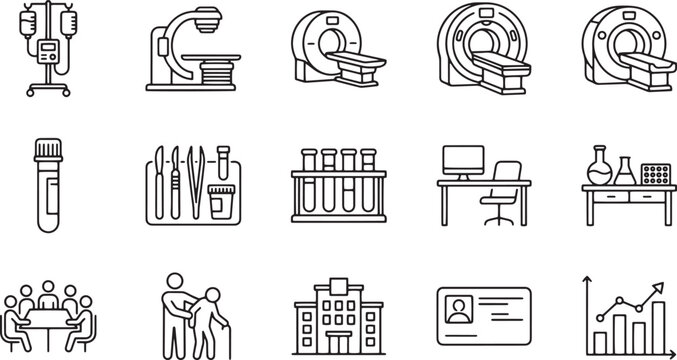 Oncology Services Cancer Treatment Diagnostic Radiology and Patient Care Line Art Vector Icon Set