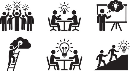 Obraz premium Business people brainstorming and creative thinking icons set with light bulb symbols in flat vector style