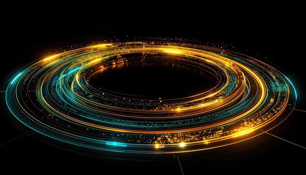 Abstract futuristic technology background with glowing light rings and data particles in motion.