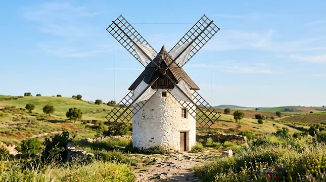 Traditional white stone windmill in a sunny rural landscape