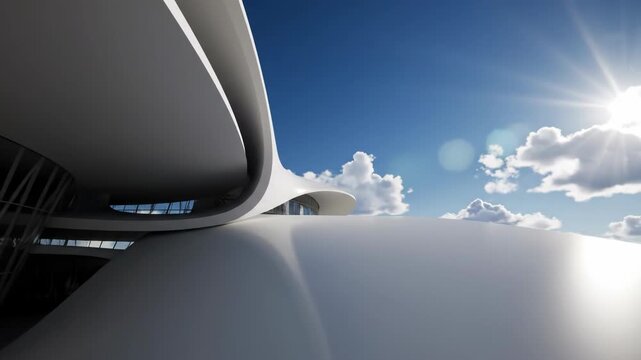 Low-angle shot of futuristic white curved architecture with smooth organic lines against a blue sky with clouds and sunlight. Minimalist exterior of a modern landmark building.