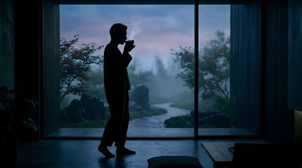 Fototapeta premium Person stands by a window in a dark room while enjoying a hot morning coffee cup.